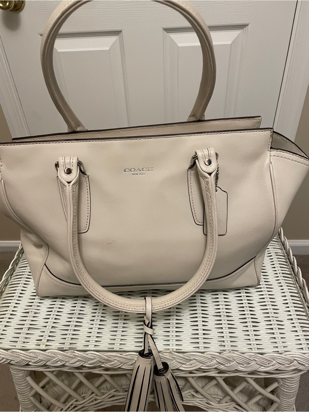 Coach Cream Leather Structured Tote with Tassel Charm
